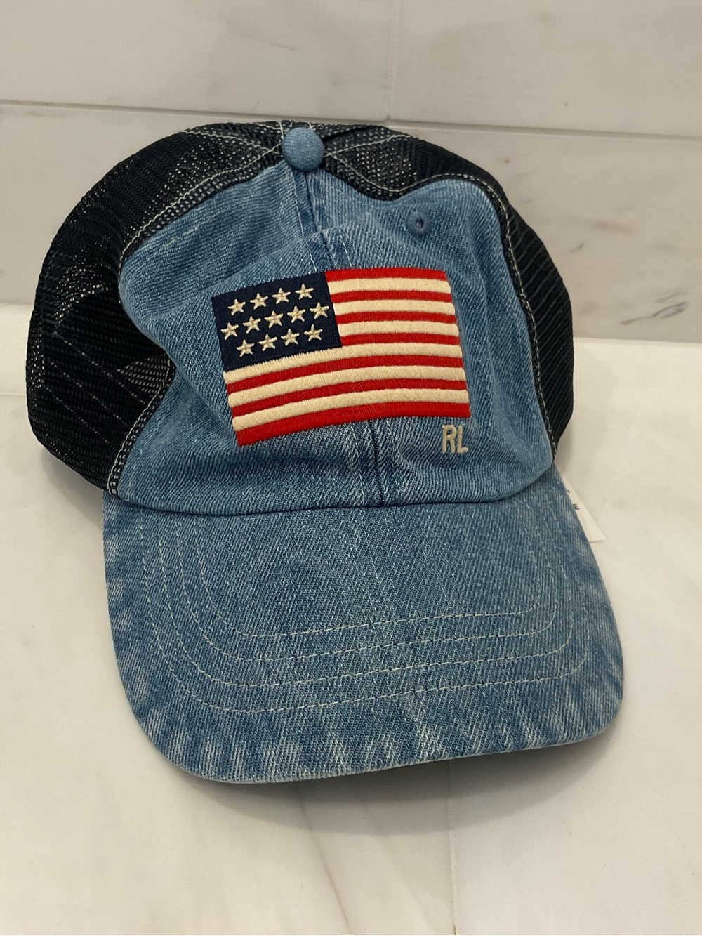NWT Polo Ralph Lauren Denim AMERICAN FLAG Trucker Baseball Cap Hat